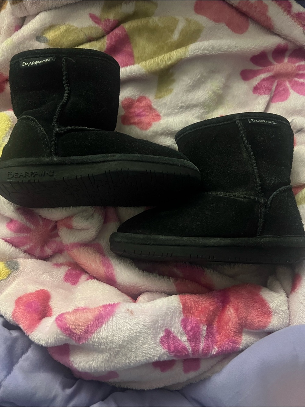 BearPaw Kids Black Suede Plush-Lined Short Boots